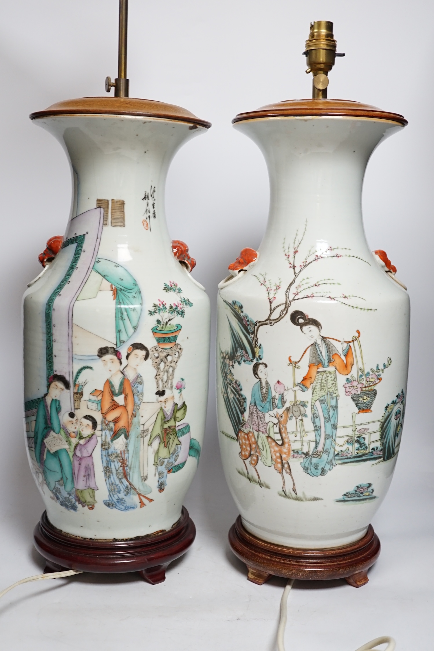 A near pair of Chinese vase lamps, early 20th century, 50cm high no including fittings